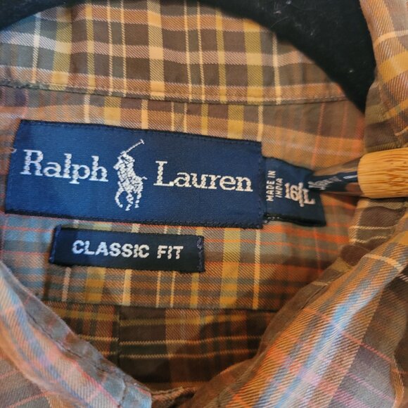 Ralph Lauren Men's Classic Fit Long Sleeve Button Down Plaid Brown Rust 16/Large - Picture 7 of 11